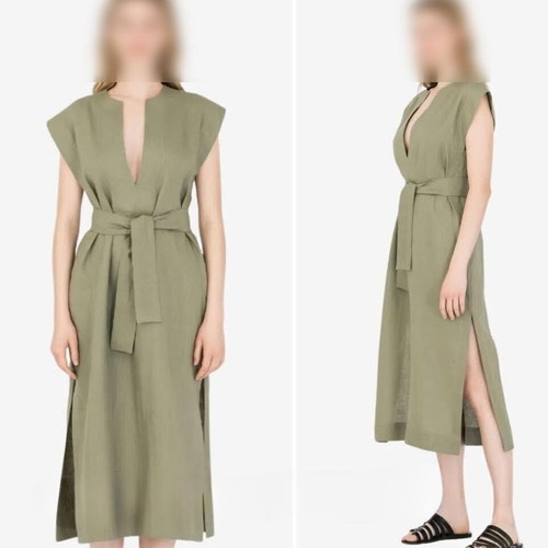 Linen long dress new with side slit and removable belt