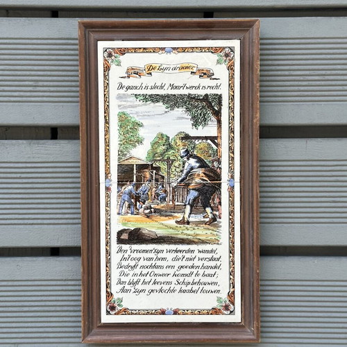 Vintage Dutch decorative tile De Lijn Draaier in wooden frame