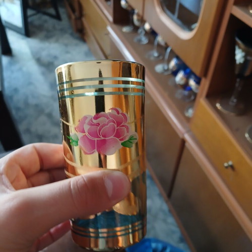 Czech hand-painted glass with pink rose flower