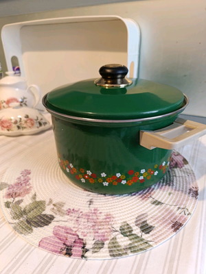 Large German enamel pot used with gilded handle for decoration