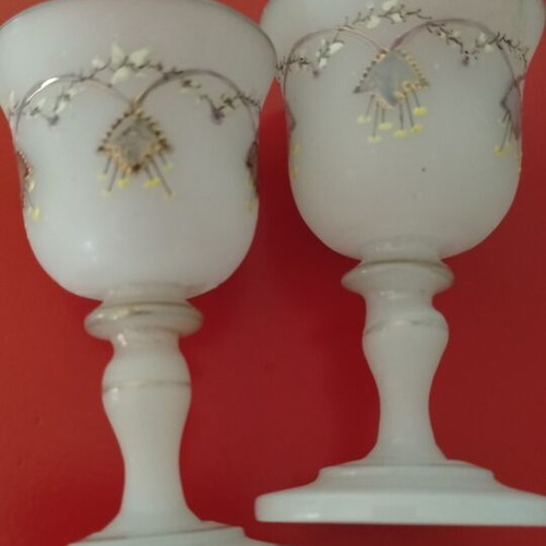 Opaline French liqueur glasses used, set of 2, 19th century