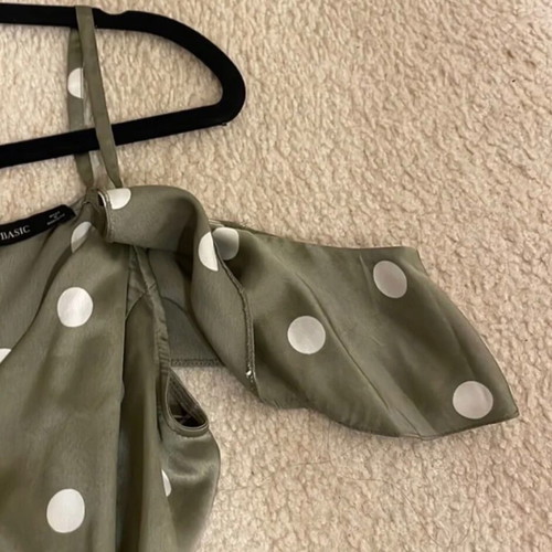 Zara Satin Khaki Polka Dot Open Shoulder Midi Dress Size Medium like new