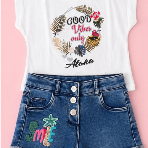 Girls' summer set size 5 years with Ebita t-shirt and Orchestra denim shorts like new