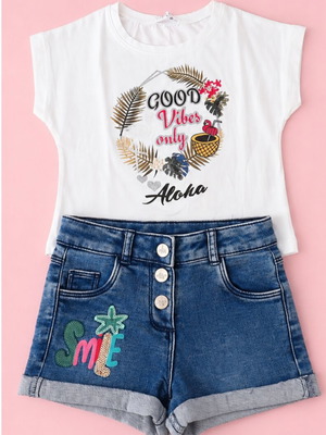 Girls' summer set size 5 years with Ebita t-shirt and Orchestra denim shorts like new