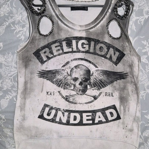 Religion sleeveless t-shirt like new, white and grey, size S