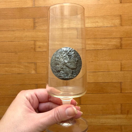 Drink glass with coin like new, collectible crystal stemmed