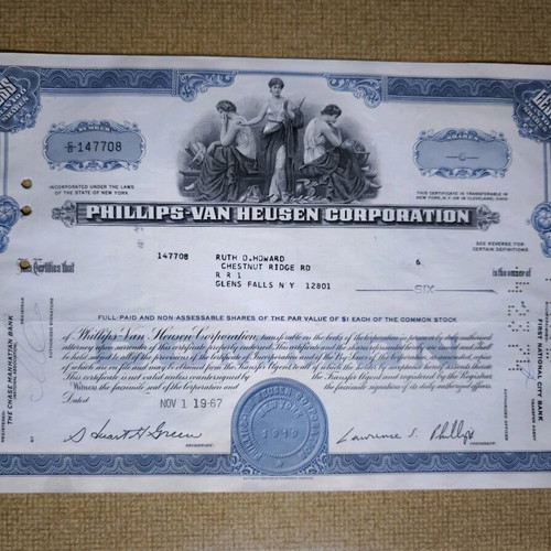 Phillips Van Heusen Corporation stock certificate 1967 like new