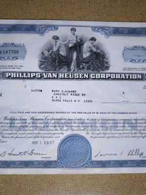 Phillips Van Heusen Corporation stock certificate 1967 like new