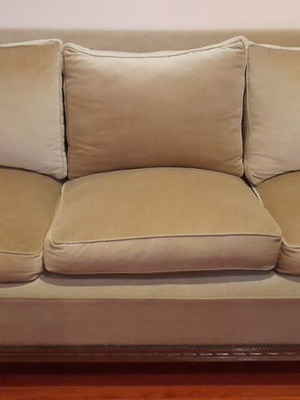 Velveteen three-seater sofa used with armchair set green