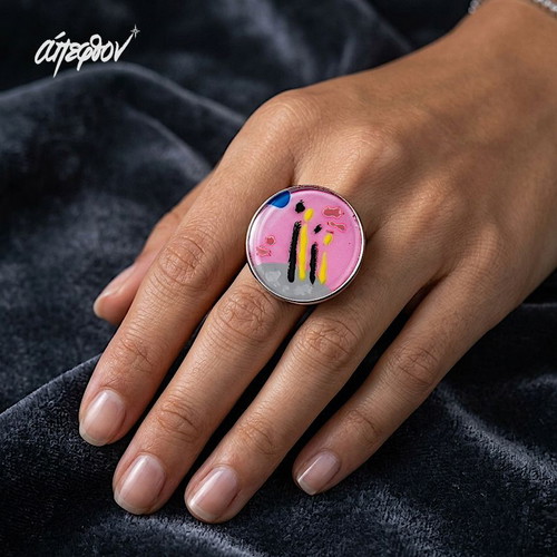 Reverie Adjustable Ring Hand-Painted Pink Gray Stainless Steel New