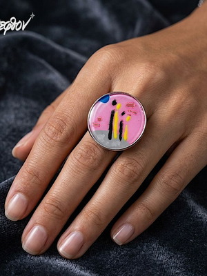 Reverie Adjustable Ring Hand-Painted Pink Gray Stainless Steel New