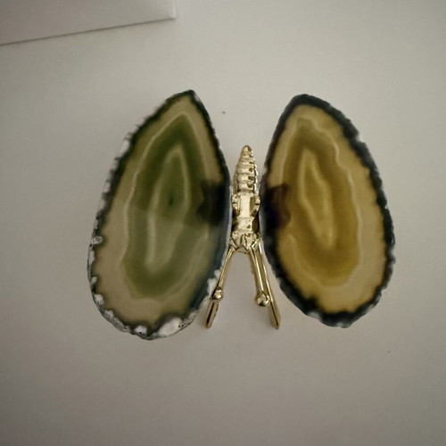Decorative butterfly with silver metal body and green agate wings, new