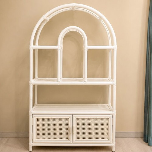Boho furniture set from bamboo and rattan used, shelf, armchair, 2 nightstands