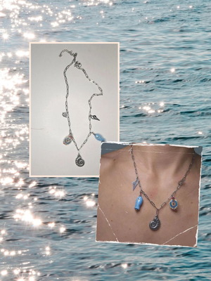 Golden Treasures stainless steel necklace with shell and blue fish, new