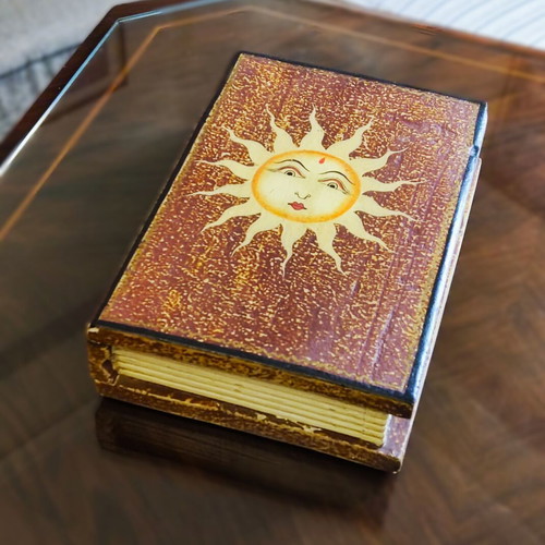 Vintage wooden storage box book with handmade sun from Bali like new