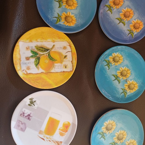 Set of 6 coasters with sunflowers and fruit, new, melamine