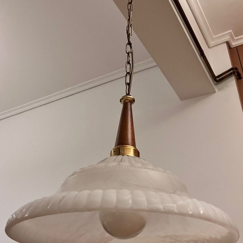Pendant light vintage, glass, wood and metal, like new, 40 cm diameter