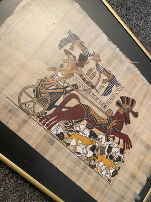 Egyptian papyrus hand painted with 24k gold, used, in gold frame