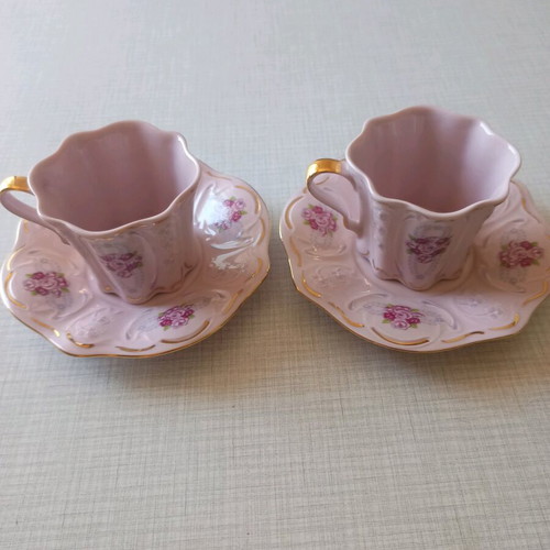 Pink vintage porcelain 4 pcs hand-painted gilded new