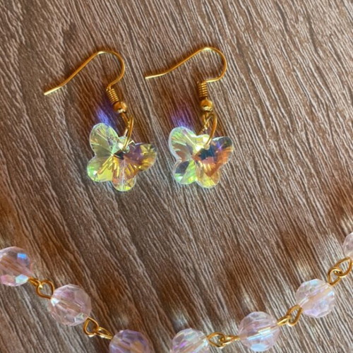 Choker necklace and earrings set handmade, pink and gold butterflies