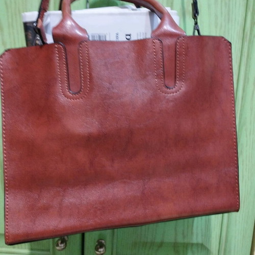 Synthetic leather bag tan brown hand and shoulder new
