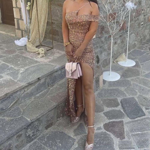 Farmaki maxi one-shoulder sequin dress with side slit, rose gold