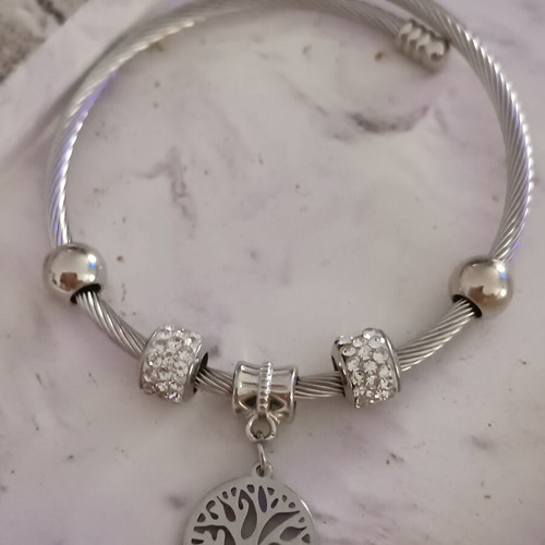 Steel bracelet handcuff with strass beads and tree of life pendant new