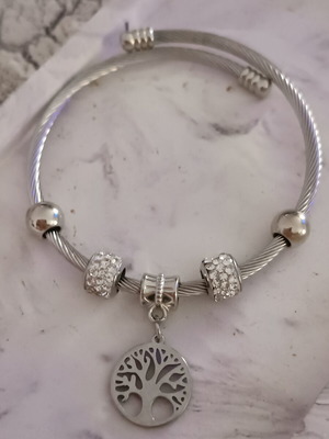 Steel bracelet handcuff with strass beads and tree of life pendant new