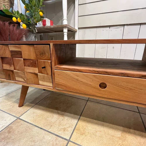 Wooden TV stand like new with vintage boho design