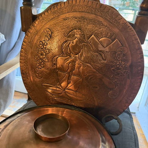 Copper cookware collection like new with embossed Justice decorative plate