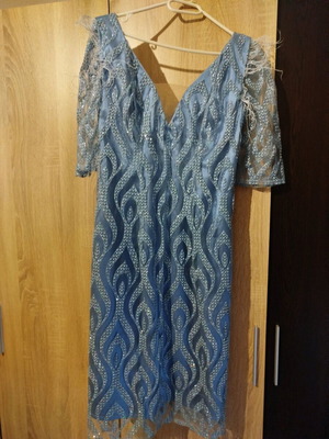 Cocktail dress blue roua with feathers Greek tailoring like new