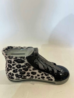Plastic piggy bank in shoe shape with leopard pattern used
