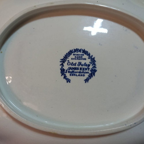 Old Foley Staffordshire cake plate by James Kent used, blue village scene