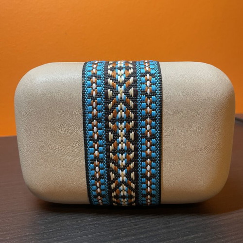 Achilleas Accessories summer clutch bag with chain, beige and blue