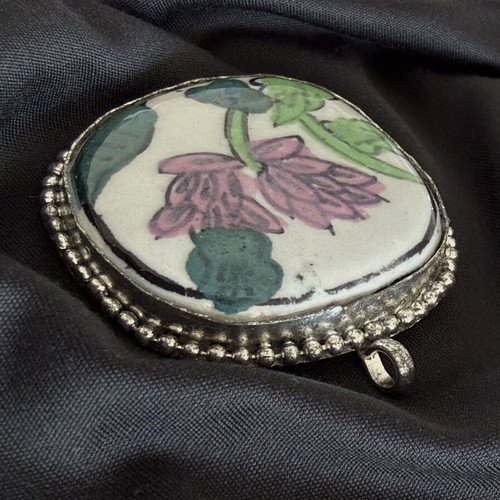Vintage Chinese Porcelain Shard Pendant with Pink Lotus Motif used
