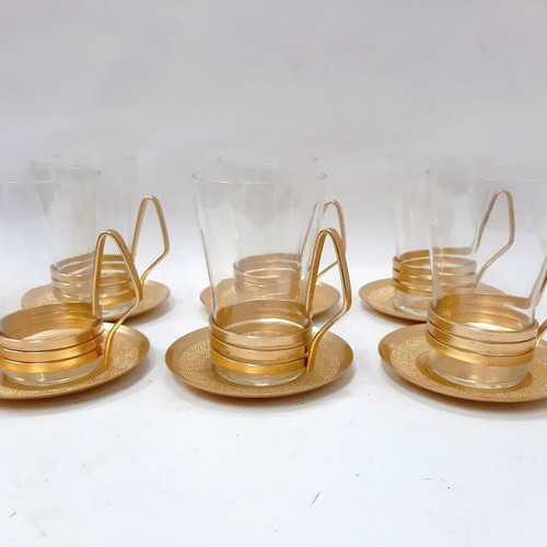 Vintage set of 6 glasses with copper bronze holders and saucers USSR 1960s like new