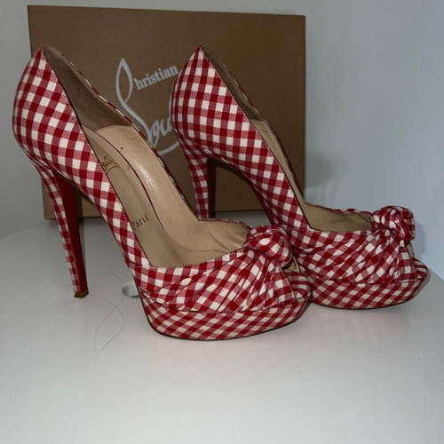 Παπούτσια Christian Louboutin μεταχειρισμένα, κόκκινο καρό ύφασμα, νούμερο 38,5, τακούνι 14cm