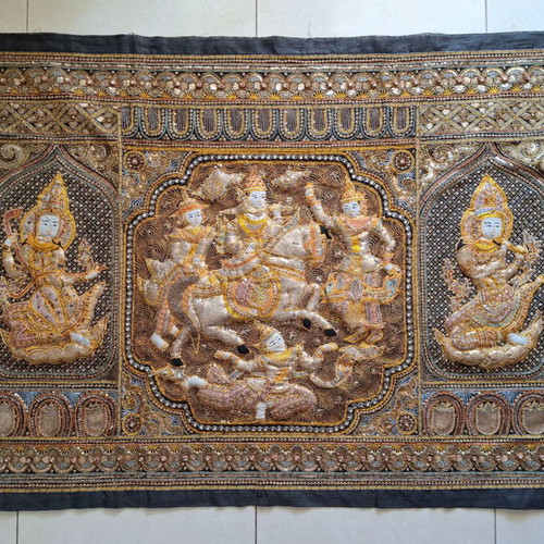Vintage Burmese Kalaga Tapestry 92x137cm embroidered wall hanging used