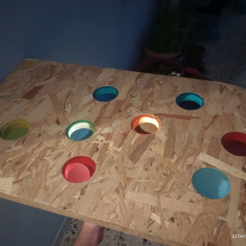 Handmade bar table like new with OSB wood surface and colorful inlays