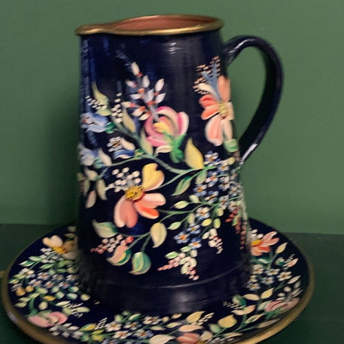Handmade water pitcher and serving plate set like new with acrylic painting