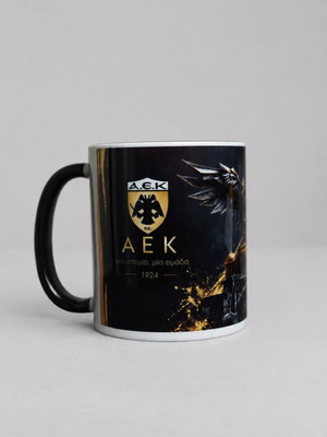 AEK Mug 325ml black background with Double-Headed Eagle design, new