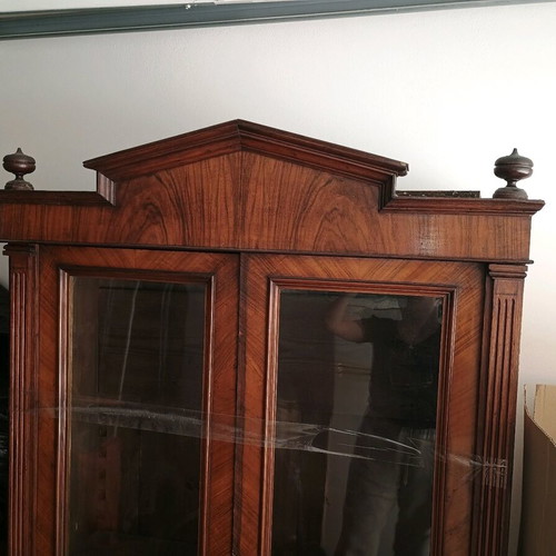 Vintage wooden bookcase used with geometric design and glass doors