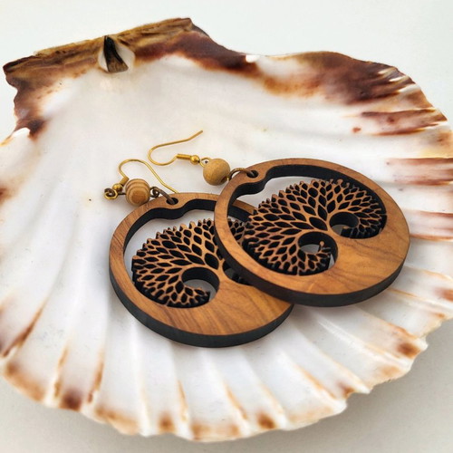 Handmade wooden earrings hanging hypoallergenic with tree of life