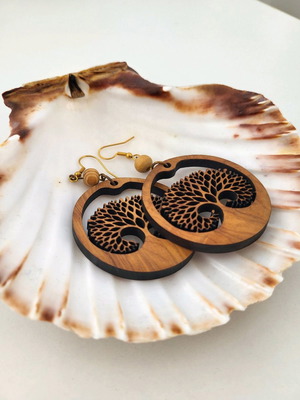 Handmade wooden earrings hanging hypoallergenic with tree of life