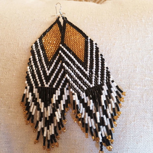 Ethnic long earrings black, white and gold rice beads, new