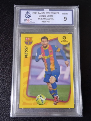 Lionel Messi 2021 Panini Este Football Player Sticker used, PSA 9