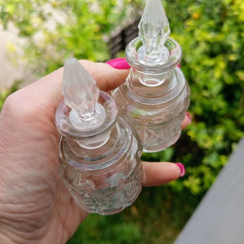Vintage glass miniature bottle set of 2 with carved pattern and glass stopper