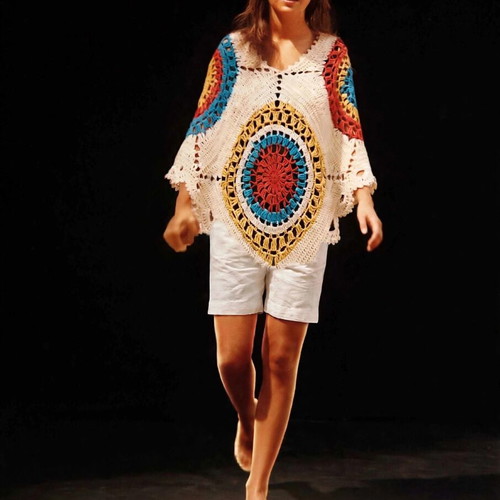 Handmade cotton poncho with colorful boho crochet circles, new