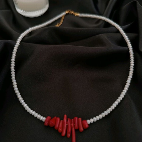 Handmade steel necklace with white crystals and red corals