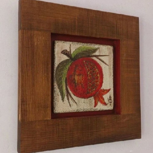 Oil painting on porcelain used, pomegranate theme, wooden frame 31x30 cm